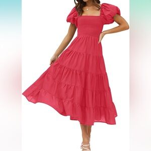 Zessica Smocked Tiered Puff Sleeve Dress in Watermelon. Nursing friendly